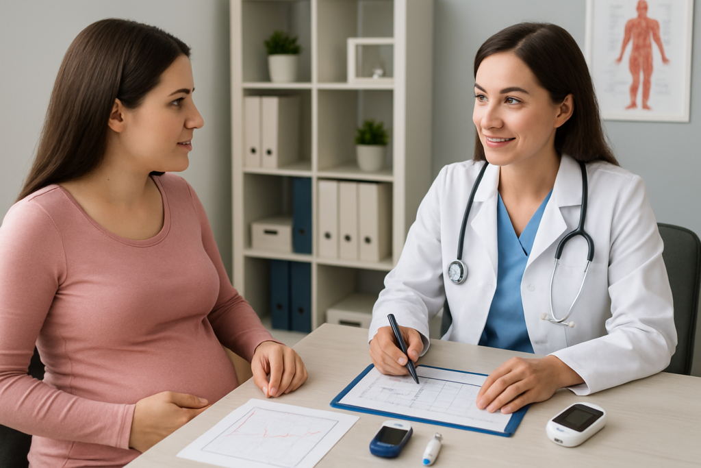 Pregnant woman consulting doctor about gestational diabetes management
