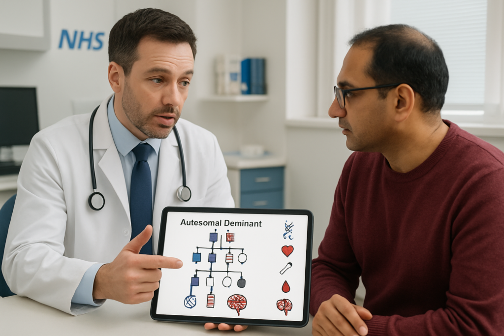 Doctor explaining autosomal dominant inheritance and related diseases to patient in a UK clinic with pedigree chart and medical icons.