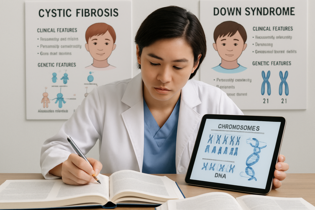 Medical student studying genetic diseases with textbooks and DNA illustrations