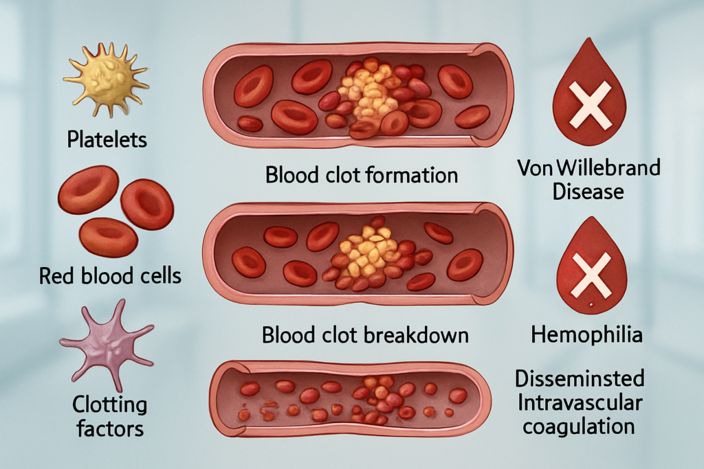 Comparing Von Willebrand Disease, Hemophilia, and DIC: A High-Yield Guide for PLAB Exams Medical illustration comparing blood clotting processes in Von Willebrand Disease, Hemophilia, and Disseminated Intravascular Coagulation