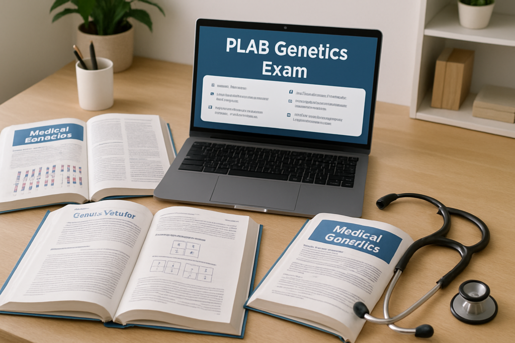 Study desk with genetics textbooks, laptop showing exam questions, and stethoscope