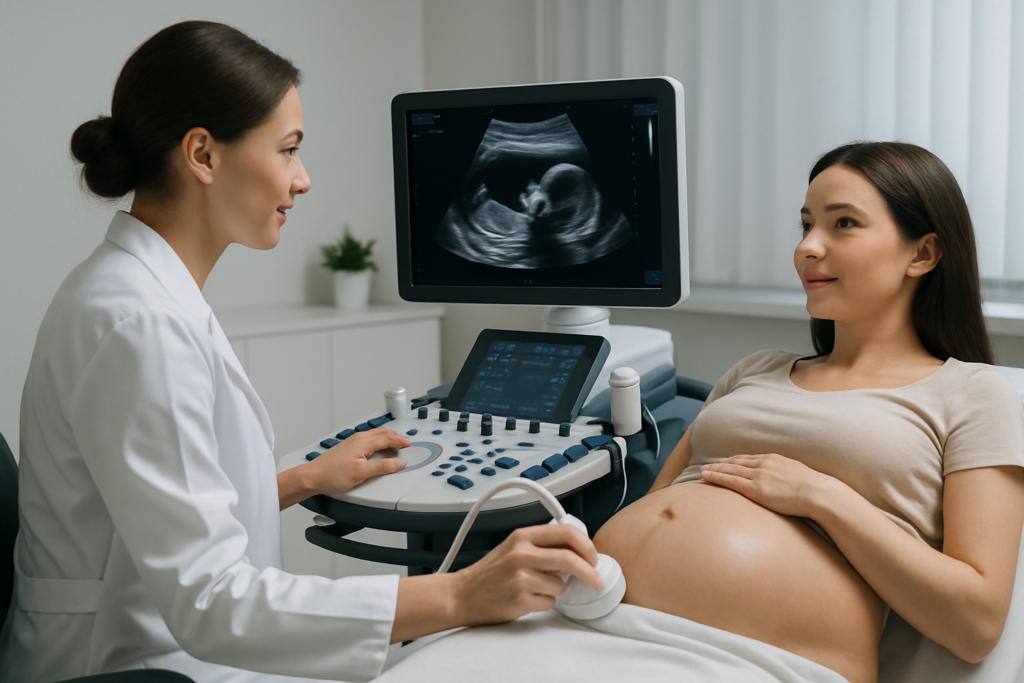 Healthcare professional performing obstetric ultrasound on pregnant patient with fetal image on screen