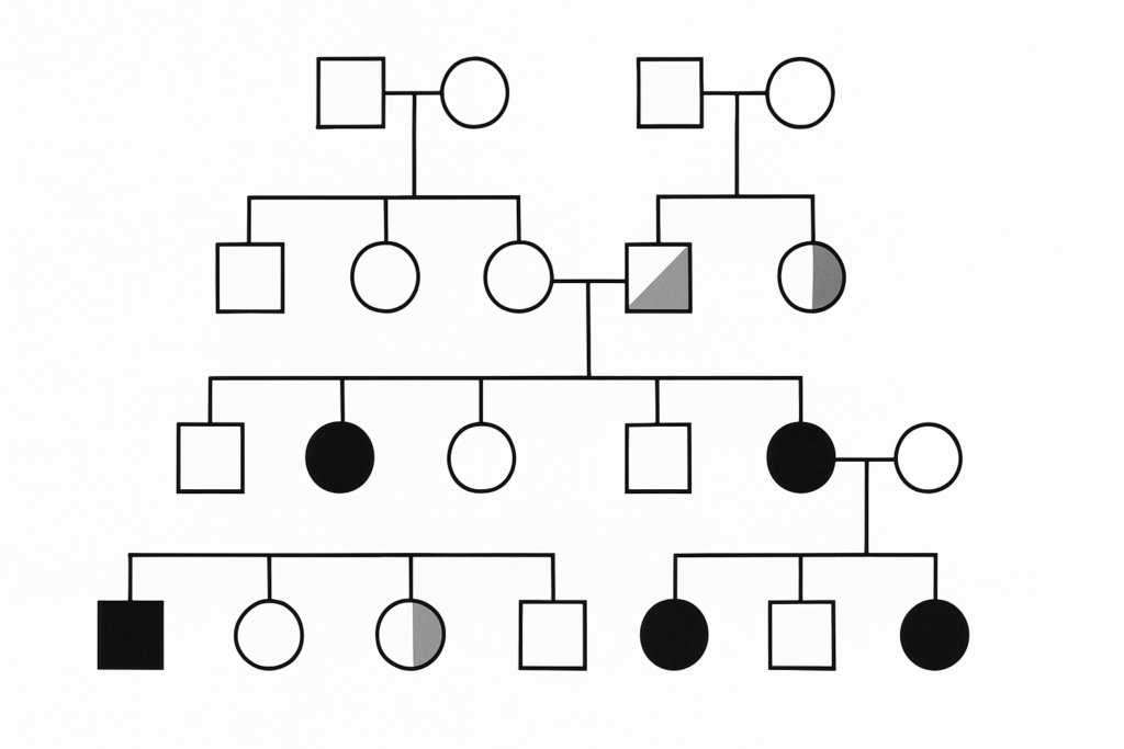 Pedigree chart showing family members with genetic traits across generations using standard symbols