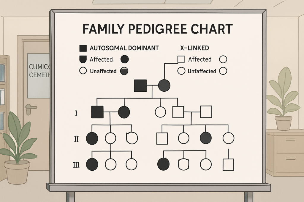 Family pedigree chart showing autosomal and X-linked inheritance patterns with affected members highlighted